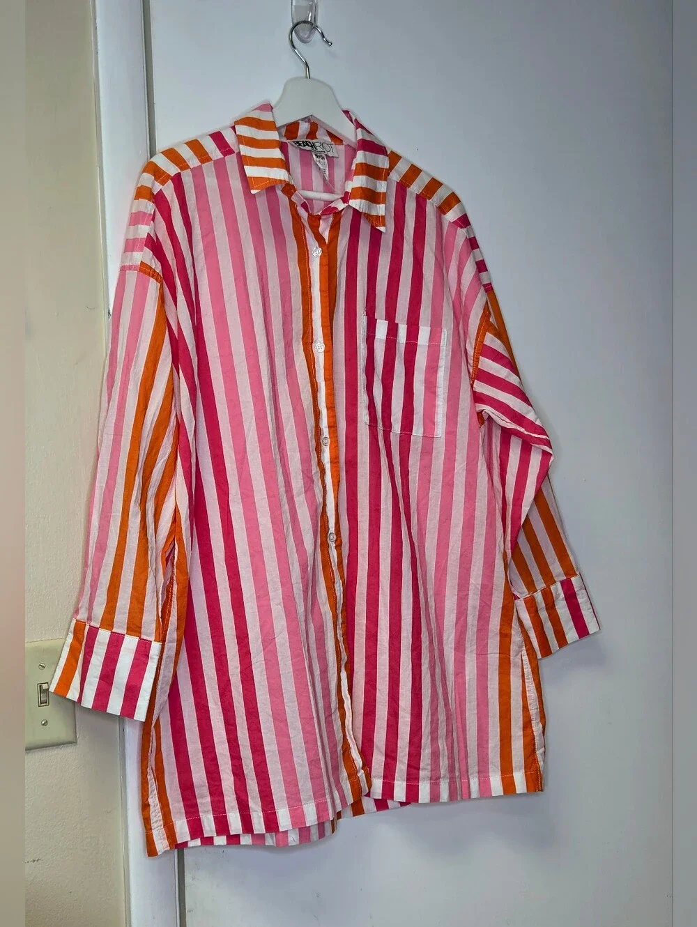 Beach Riot Striped Button Down Shirt Coverup Pink Orange Size L/XL